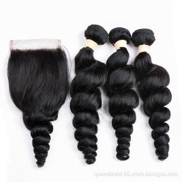 Brazilian Loose Wave Bundles with Closure Virgin Human Hair Bundles with 100% Unprocessed Human Hair Extensions Natural Color